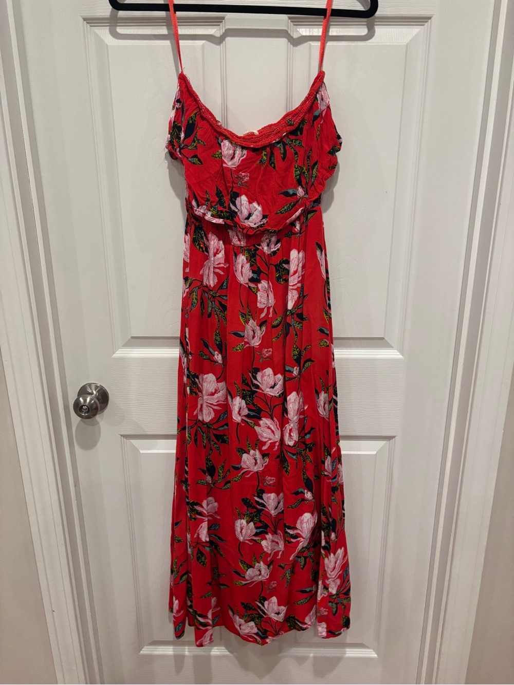 Red Floral Strapless Maxi Dress